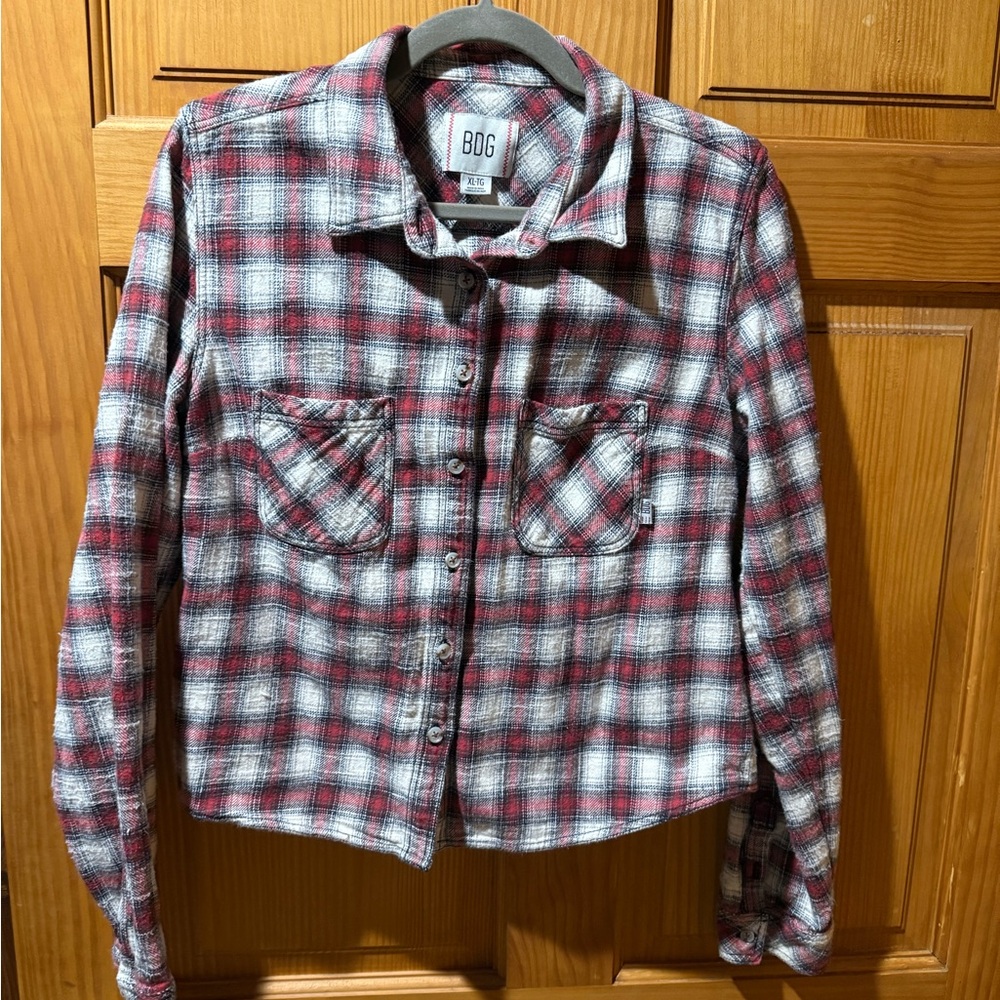 BDG Women's Red and Gray Plaid button up shirt